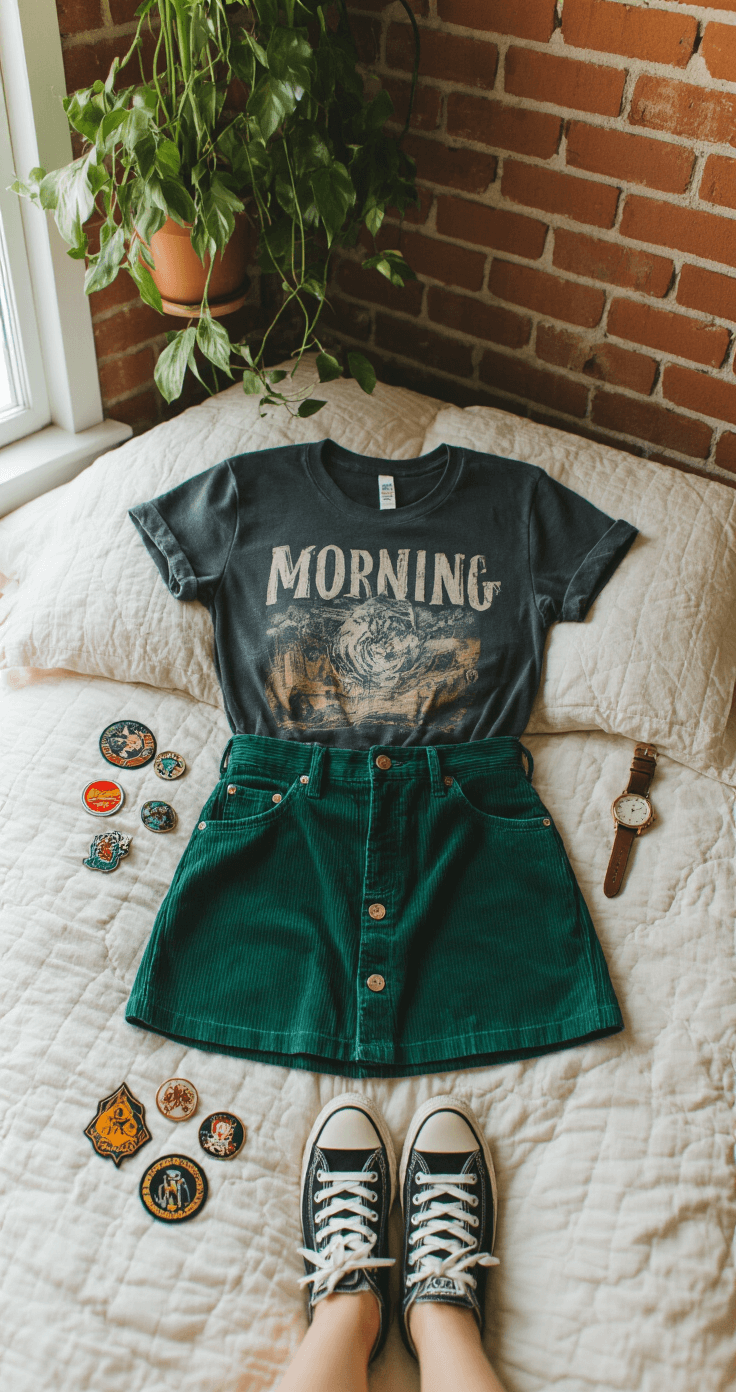 Hipster Fashion: How to Nail That Effortlessly Cool Look (Without Trying Too Hard!) Cozy bedroom corner with exposed brick featuring morning light on a flat lay of a distressed black band tee, high-waisted emerald corduroy skirt, and Chuck Taylors, alongside a vintage chronograph watch, enamel pins, and patches.