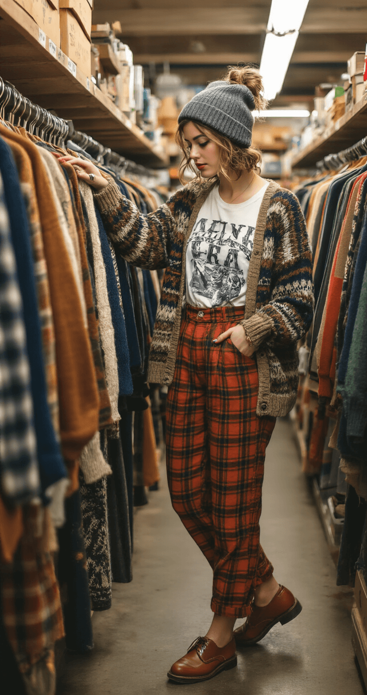Hipster Fashion: How to Nail That Effortlessly Cool Look (Without Trying Too Hard!) A model in high-waisted plaid trousers and a tucked white graphic tee examines vintage sweaters in a sunlit thrift store aisle, wearing classic brown leather oxfords and a grey beanie, with multiple rings on her fingers.