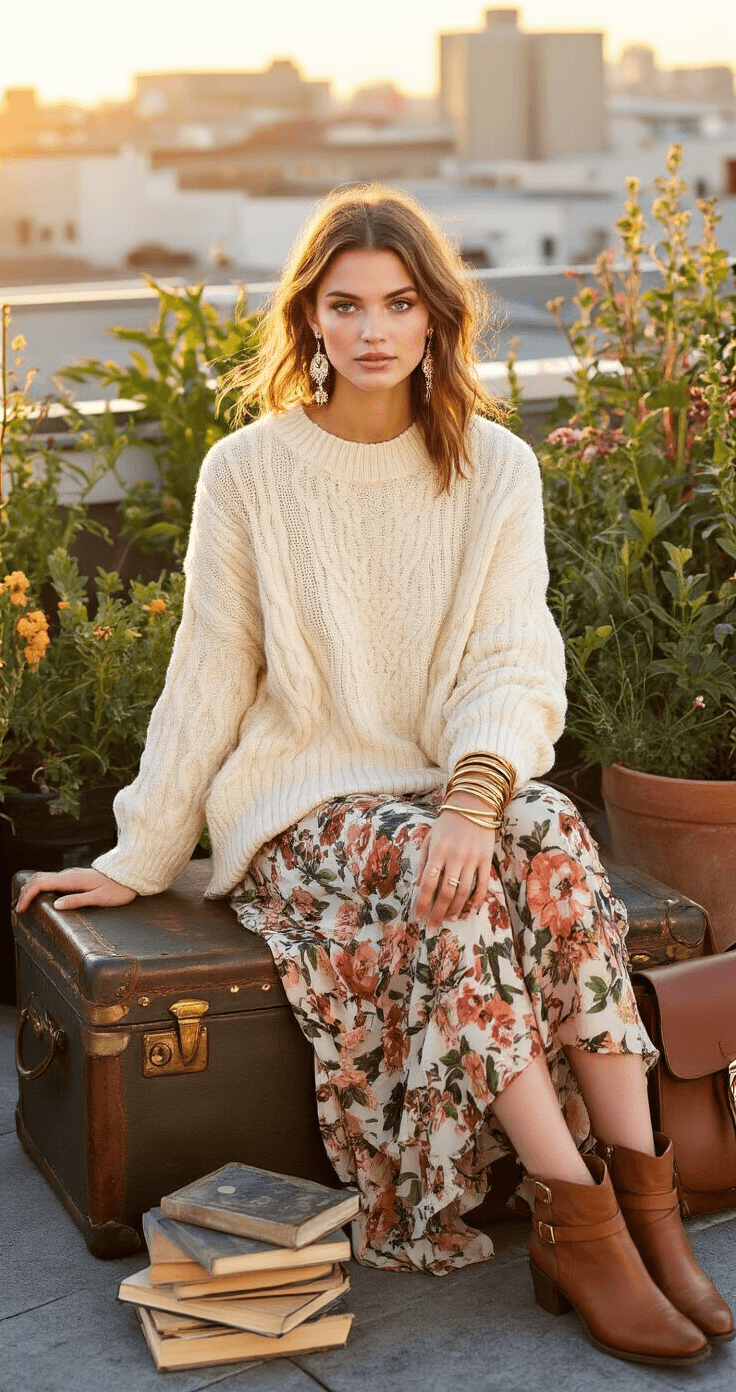 Hipster Fashion: How to Nail That Effortlessly Cool Look (Without Trying Too Hard!) A model sits on a vintage trunk in an artsy rooftop garden at sunset, wearing an oversized cream cable-knit sweater over a floral maxi dress. She sports worn leather ankle boots, multiple delicate earrings, and a stack of brass bangles. Nearby, a collection of thrifted books and a leather satchel add to the scene, illuminated by the warm, golden hour light.