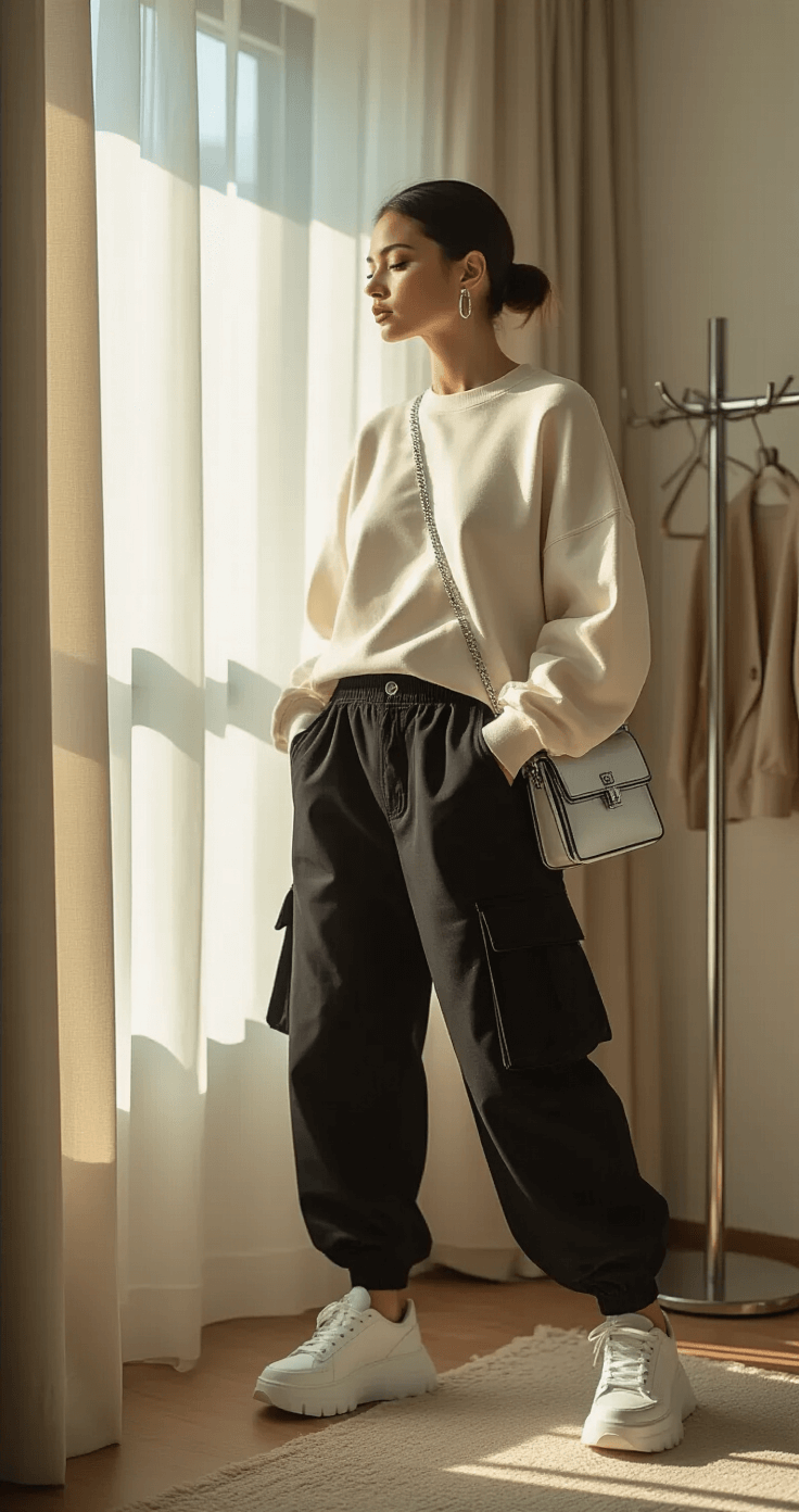 The Ultimate Guide to Nailing the Acubi Aesthetic: Your Gateway to Korean-Inspired Minimalist Fashion A contemporary bedroom corner illuminated by soft morning light, featuring a model in motion wearing baggy black cargo pants and an oversized cream sweatshirt. Chunky white sneakers and a silver crossbody bag with geometric details are visible against a minimalist coat rack. The model has natural makeup and a sleek low bun, captured at eye level with a shallow depth of field.