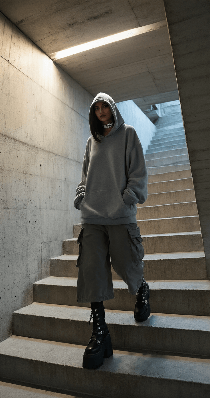The Ultimate Guide to Nailing the Acubi Aesthetic: Your Gateway to Korean-Inspired Minimalist Fashion A person descending a brutalist concrete stairwell in the evening, dressed in layers of gray, including an oversized hoodie, a long technical tank, and wide-leg pants with utility pockets. They wear black platform boots with silver hardware, and a metallic choker that reflects the light. The shot is taken from above, emphasizing strong architectural lines and moody contrasts.