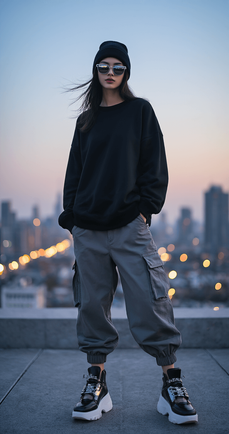 The Ultimate Guide to Nailing the Acubi Aesthetic: Your Gateway to Korean-Inspired Minimalist Fashion A model wearing an oversized black sweatshirt with asymmetrical details and baggy gray cargo pants stands on an urban rooftop at twilight, with the city lights twinkling in the background. They sport platform sneakers with metallic accents, a simple beanie, and tech-inspired sunglasses. The fabric of the outfit is gently moved by the wind, and the image is shot from street level with a bokeh effect on the cityscape.