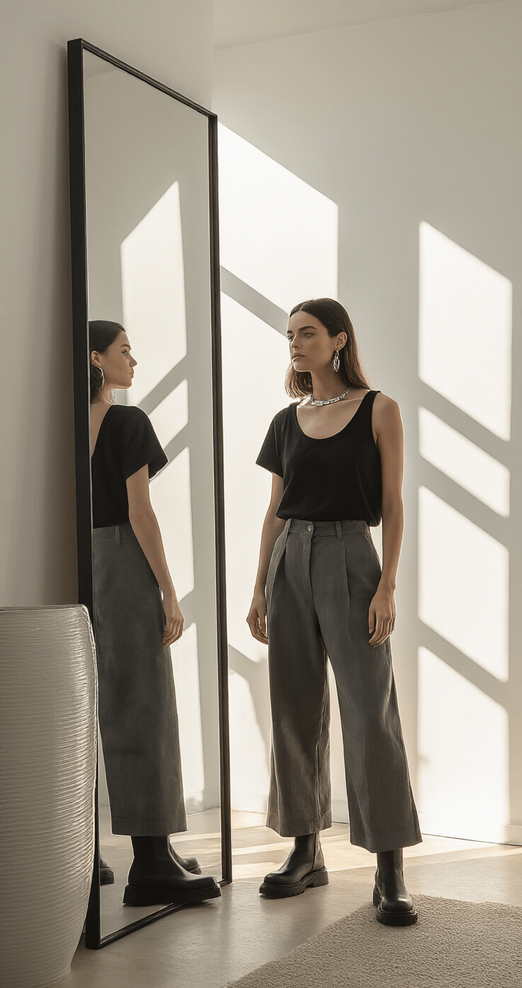 The Ultimate Guide to Nailing the Acubi Aesthetic: Your Gateway to Korean-Inspired Minimalist Fashion A minimalist apartment entryway bathed in morning sunlight, featuring geometric shadows. A person captures a mirror selfie in layered black and gray clothing, including an oversized tee under a structured tank, wide-leg trousers, and chunky boots, complemented by silver accessories. The image showcases clean lines and intentional composition, with natural light highlighting the textures and proportions.
