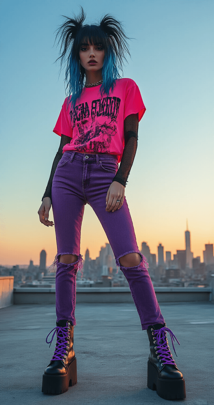 Scene Kid Fashion: Your Ultimate Guide to Nailing the Bold & Bright Dress-to-Impress Look An avant-garde urban rooftop photoshoot at golden hour, showcasing a model in a layered scene kid outfit: neon pink graphic tee over black mesh long sleeve, with purple ripped skinny jeans. The model's hair features dramatic teased layers and electric blue streaks, styled with sweeping side bangs. She wears platform boots with neon laces, shot from a low angle against a city skyline backdrop, enhancing depth and drama.