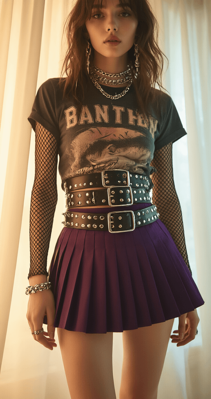 Scene Kid Fashion: Your Ultimate Guide to Nailing the Bold & Bright Dress-to-Impress Look A close-up of an intimate dressing room scene featuring intricate layers of fishnet sleeves, a vintage band tee, intersecting studded belts, and a deep purple pleated mini skirt, with chunky silver jewelry reflecting soft ambient light on a vanity mirror.