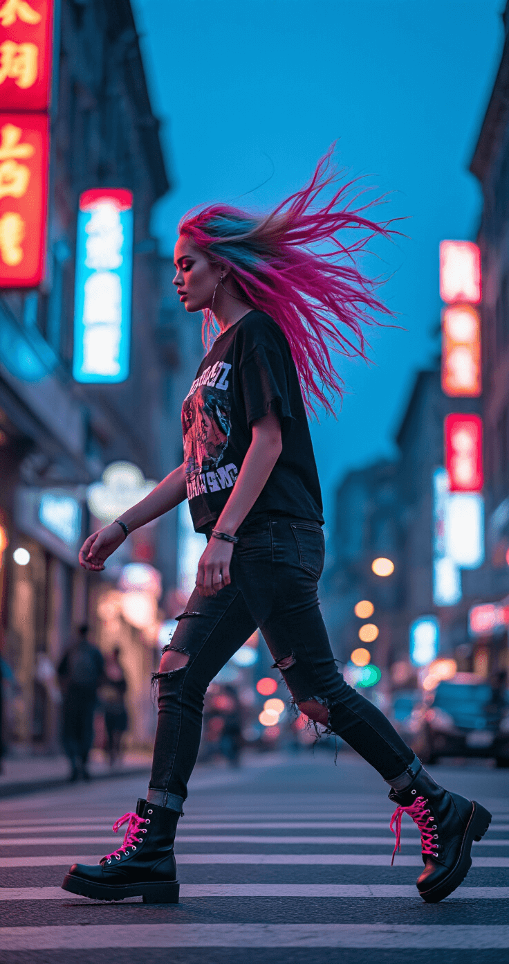 Scene Kid Fashion: Your Ultimate Guide to Nailing the Bold & Bright Dress-to-Impress Look A dynamic street corner scene at blue hour featuring a model mid-stride, showcasing a vibrant multi-colored hairstyle with neon pink extensions. The model wears an oversized graphic tee over a mesh underlayer, distressed black skinny jeans, and combat boots with hot pink laces. The background is a blur of motion, illuminated by neon store signs.