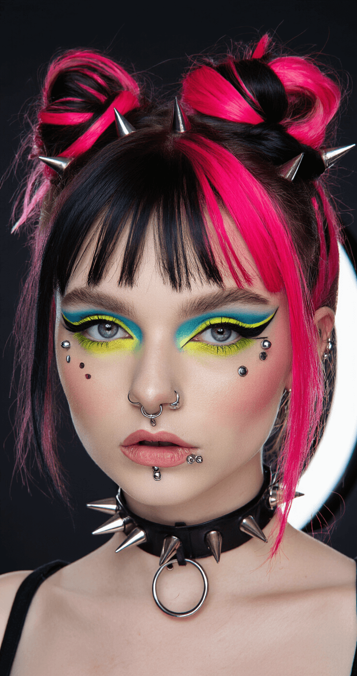 Scene Kid Fashion: Your Ultimate Guide to Nailing the Bold & Bright Dress-to-Impress Look A dramatic beauty shot featuring model with precise winged eyeliner and gradient neon eyeshadow from yellow to electric blue. She has multiple facial piercings and wears a spiked choker. Her hair is styled in a teased crown with side-swept bangs, dyed in alternating hot pink and black. The image is shot straight-on against a dark backdrop, illuminated by a ring light.