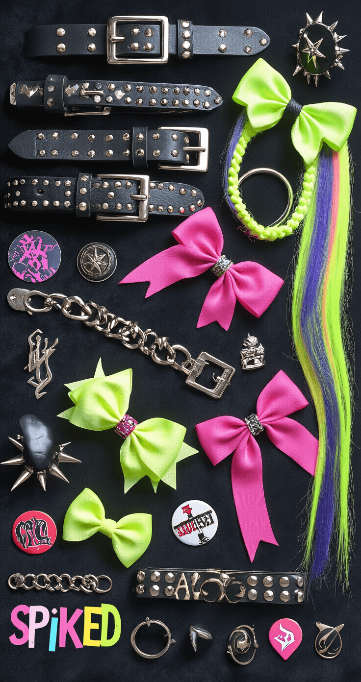 Scene Kid Fashion: Your Ultimate Guide to Nailing the Bold & Bright Dress-to-Impress Look A flat lay of scene kid accessories on a black velvet surface, featuring studded belts, neon hair extensions, spiked bracelets, oversized bows, and band pins arranged artistically, with dramatic shadows from professional studio lighting.