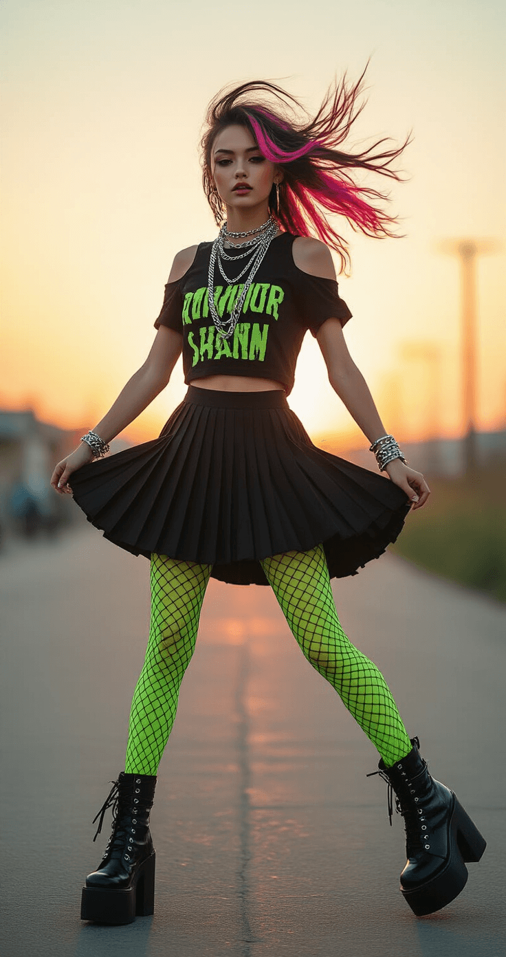 Scene Kid Fashion: Your Ultimate Guide to Nailing the Bold & Bright Dress-to-Impress Look A model twirls in a dynamic outdoor sunset scene, wearing a layered outfit featuring a black pleated skirt, lime green fishnet tights, and a band tee with cut-out shoulders. She accessorizes with multiple chain necklaces and platform boots. Her hair is captured in motion with teased layers and pink streaks, enhanced by a motion blur effect that emphasizes her movement.