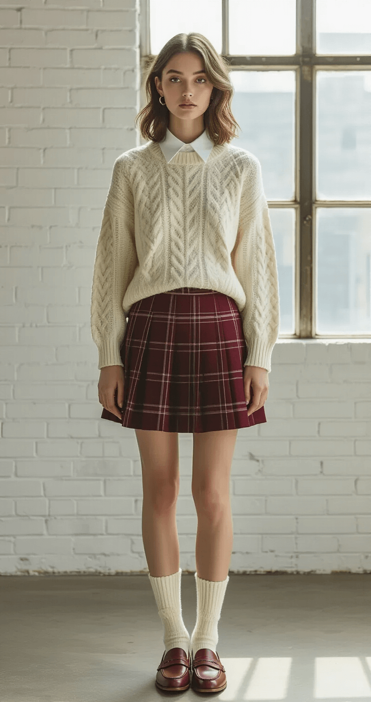 10 Must-Know Tips for Nailing the Perfect Preppy Outfit Model in a burgundy plaid pleated skirt and cream cable-knit sweater styled over a white collar, wearing penny loafers with cream knit socks and carrying a leather crossbody bag, standing in a bright fashion studio with white brick walls and industrial windows, illuminated by natural light.