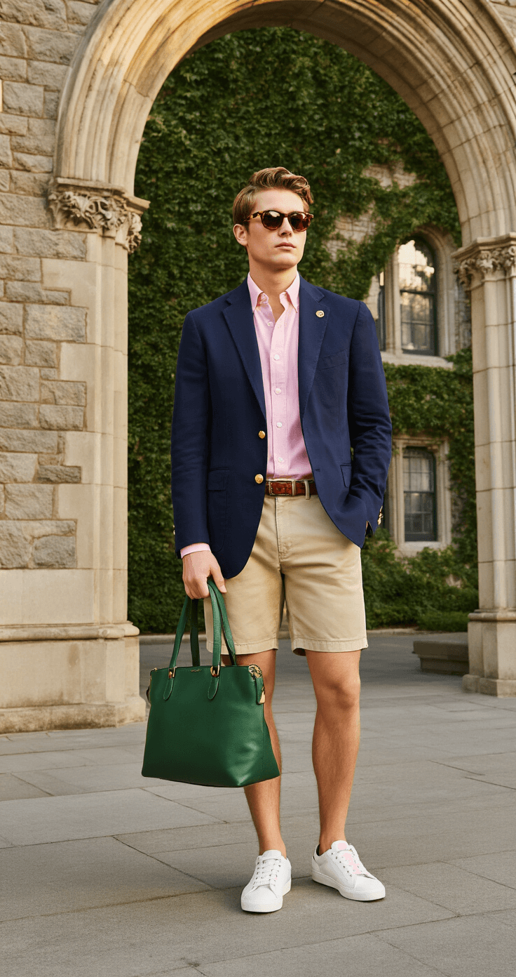 10 Must-Know Tips for Nailing the Perfect Preppy Outfit A student dressed in a navy blazer with gold buttons, pink oxford shirt, and khaki chino shorts stands under stone archways of a prestigious university campus, ivy-covered walls in the background. They wear white tennis shoes, a leather belt, and tortoiseshell sunglasses, while holding a green leather top-handle bag. The image, captured from a slight low angle during golden hour, highlights the warm glow on the fabric textures and architectural elements.