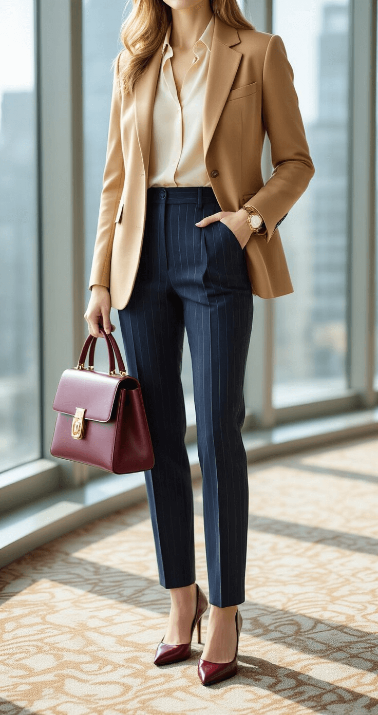 10 Must-Know Tips for Nailing the Perfect Preppy Outfit A professional woman stands confidently in a bright corner office, wearing a camel hair blazer, cream silk blouse, and navy pinstripe trousers. Sunlight streams through floor-to-ceiling windows, highlighting her burgundy leather pumps and structured top-handle bag. A vintage Cartier watch adorns her wrist as she poses powerfully on a geometric carpet that adds subtle texture to the scene.