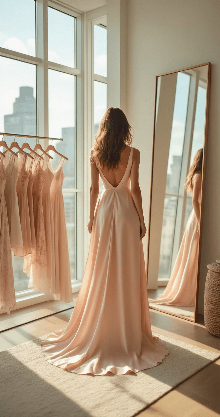 Dress to Impress: Your Ultimate Guide to Creating Adorably Chic Outfits A fashion influencer in a silk blush pink midi dress stands in a sunlit Manhattan loft with floor-to-ceiling windows, admiring her reflection in a full-length mirror. The dress flows gracefully as she turns, complemented by a curated rack of coordinating fashion pieces nearby, with soft bokeh enhancing the airy sophistication of the space.