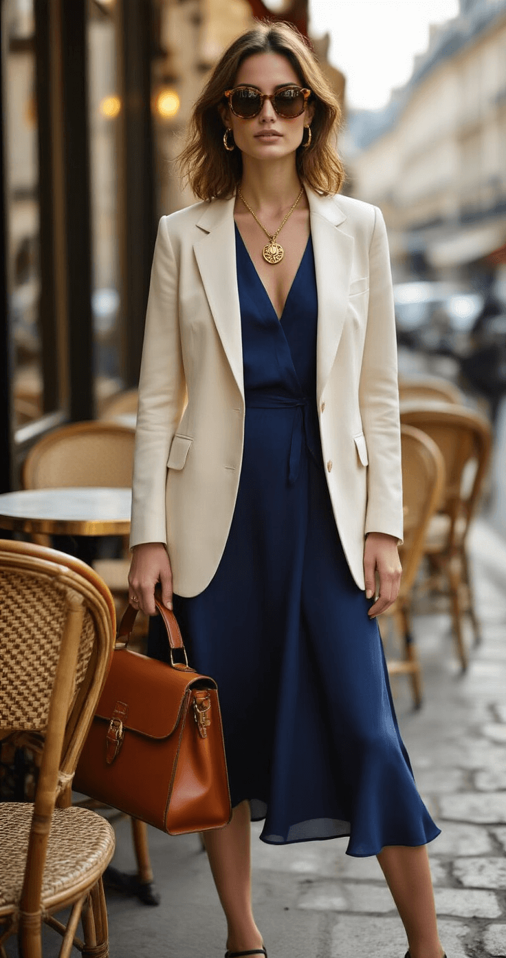 Dress to Impress: Your Ultimate Guide to Creating Adorably Chic Outfits Fashion editor in navy silk midi dress and cream blazer at a chic Parisian café terrace, morning light illuminating a gold pendant necklace and tortoiseshell sunglasses, with a cognac brown leather satchel beside a vintage bistro chair.