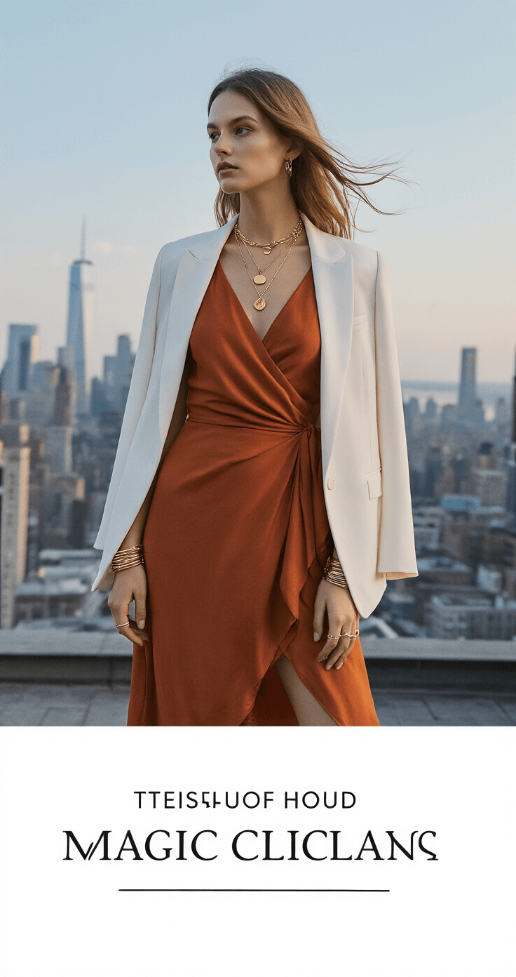 Dress to Impress: Your Ultimate Guide to Creating Adorably Chic Outfits A model wearing a rust-colored wrap dress and layered gold necklaces stands on a rooftop garden at magic hour, with a city skyline in the background. A structured white blazer drapes over her shoulders as the wind gently moves her dress, embodying urban elegance.