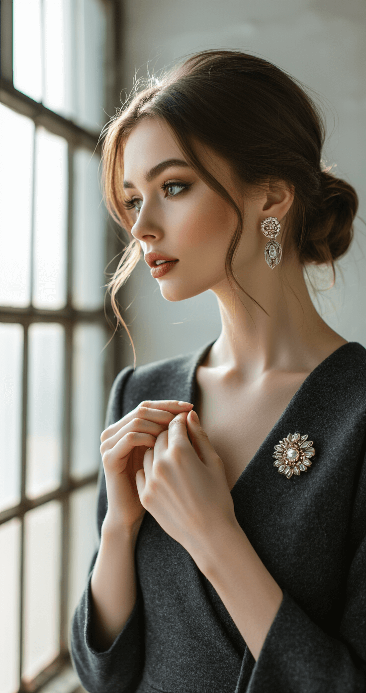 Dress to Impress: Your Ultimate Guide to Creating Adorably Chic Outfits Close-up of perfectly manicured hands adjusting a vintage brooch on a charcoal grey wool dress, with morning light illuminating the industrial-chic studio space. Subtle makeup enhances natural features, and a sleek low bun showcases statement earrings, all captured in macro detail.