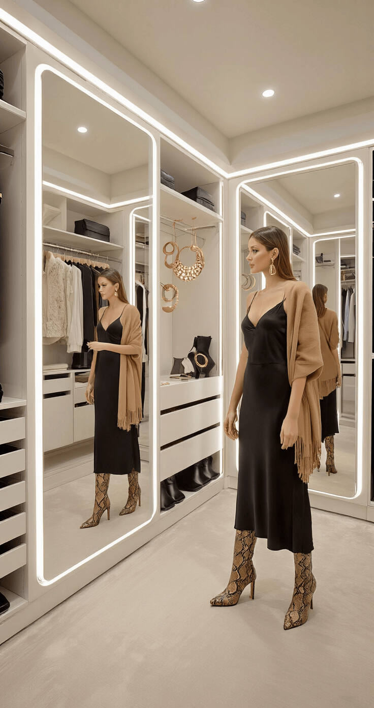 Dress to Impress: Your Ultimate Guide to Creating Adorably Chic Outfits A contemporary walk-in closet featuring custom LED lighting, with a fashion consultant assembling an outfit that includes a black slip dress as the base, surrounded by a camel cashmere wrap, python print boots, and architectural gold jewelry. Multiple mirrors reflect the styling from different angles, highlighting a luxe organization system and thoughtful arrangement.