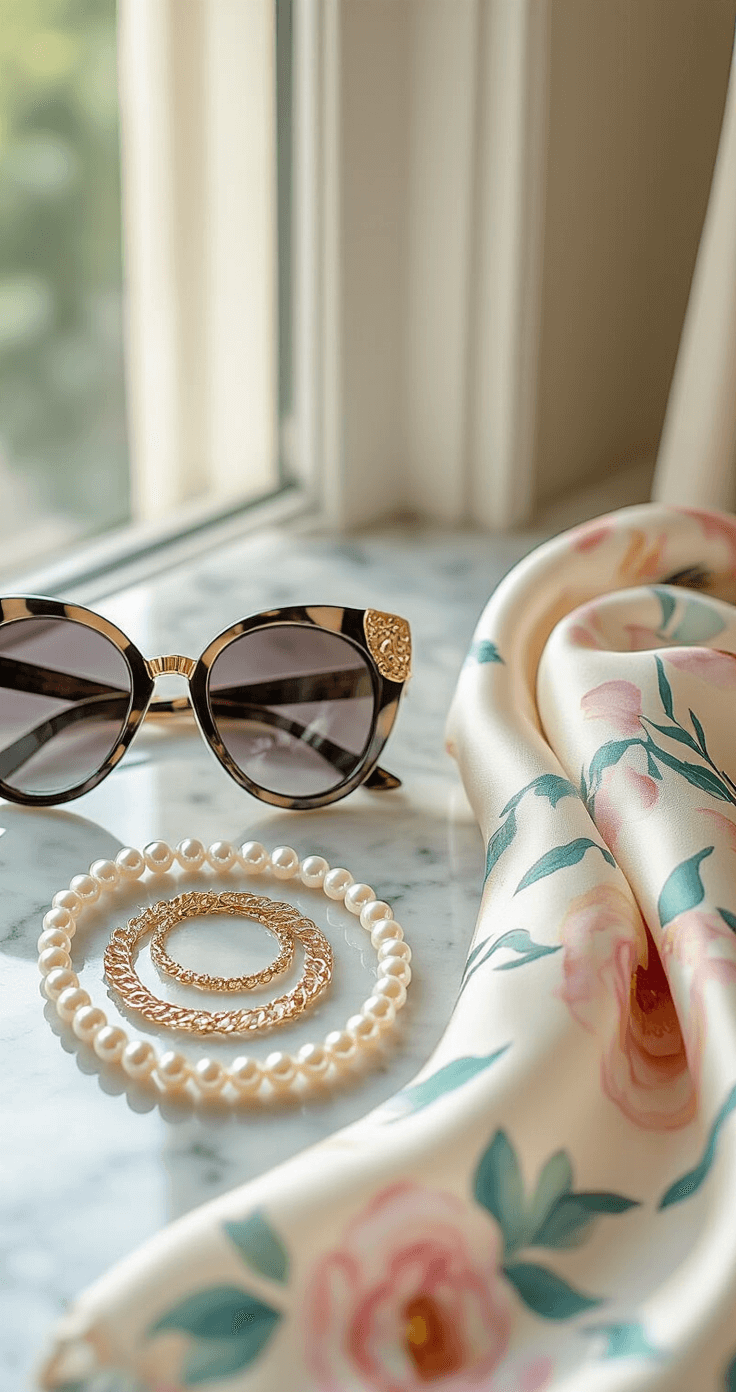 THE ULTIMATE HONEYMOON STYLE Close-up of a marble vanity in a boutique hotel dressing area, showcasing pearl drop earrings, cat-eye sunglasses with gold frames, layered delicate necklaces, and a silk watercolor scarf, with soft natural light casting gentle shadows.