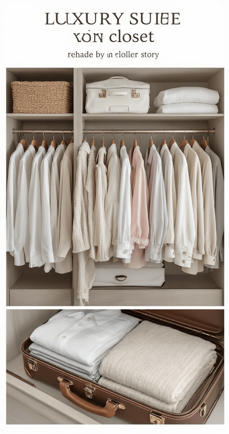 THE ULTIMATE HONEYMOON STYLE A beautifully styled walk-in closet bathed in morning light, showcasing neatly rolled clothes arranged by color in whites, neutrals, and soft pastels. An open designer luggage reveals meticulously packed outfits, with close-up details highlighting fabric textures and intelligent folding techniques, captured in a documentary style with a 35mm lens.