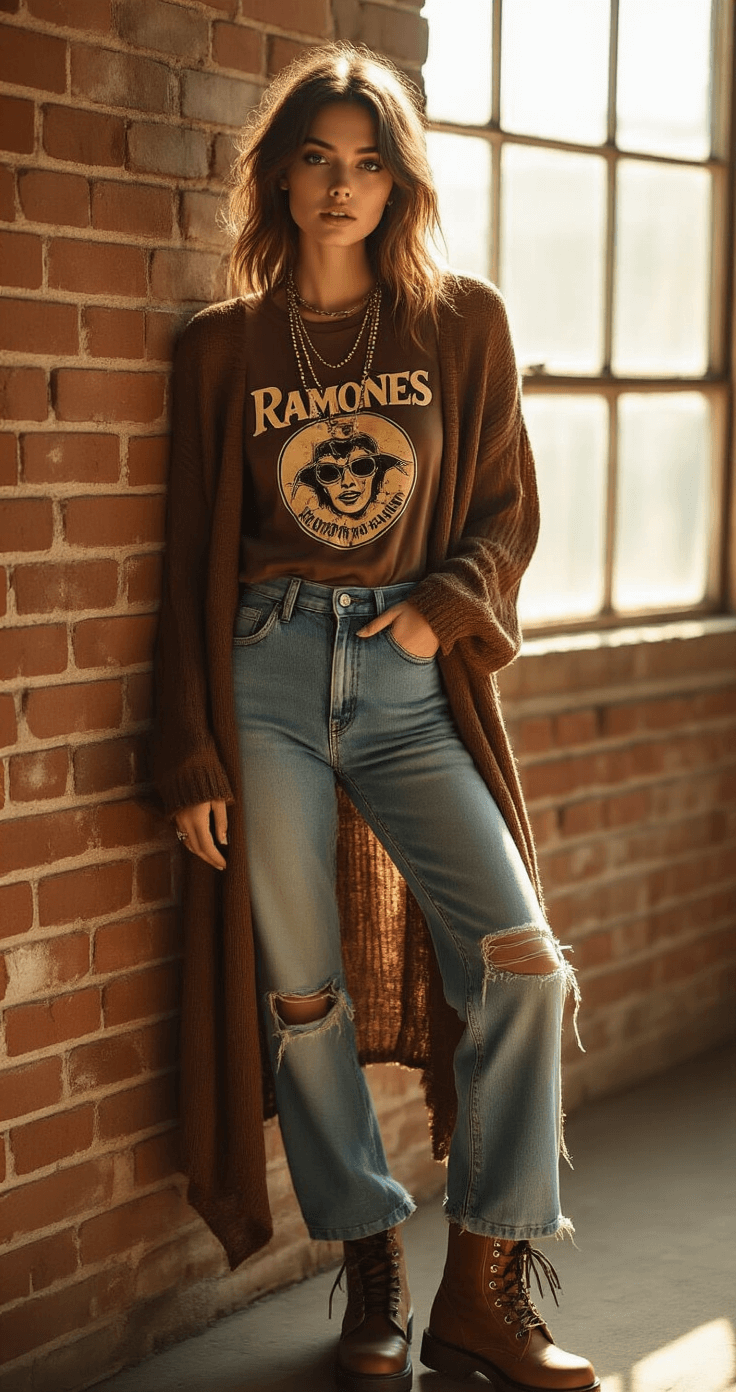 The Ultimate Guide to Creating Show-Stopping Indie Outfits (That Actually Work!) A model poses in a sunlit vintage boutique, wearing a layered outfit with a Ramones t-shirt, sheer mesh long sleeve, high-waisted distressed mom jeans, and an oversized brown cardigan. She accessorizes with combat boots and beaded necklaces, against an exposed brick wall illuminated by golden hour light streaming through industrial windows, highlighting rich textures and warm shadows.