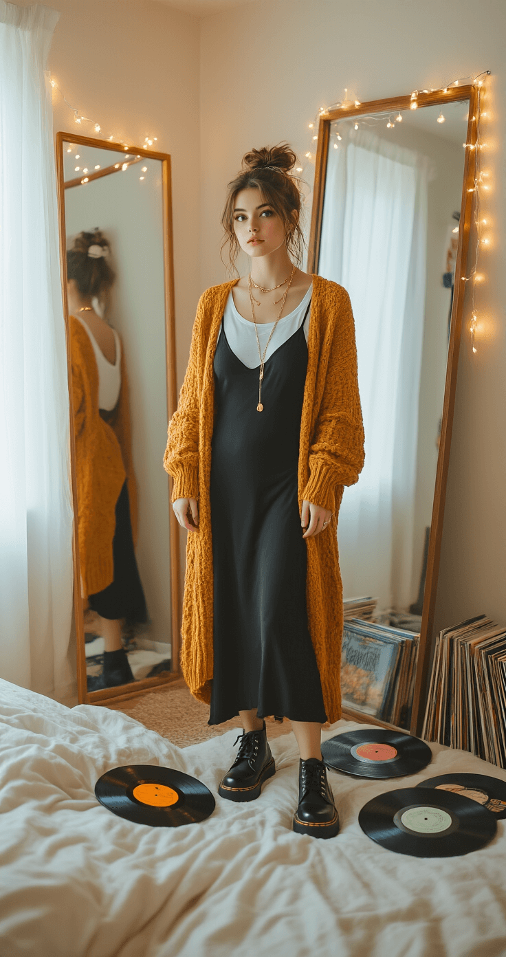 The Ultimate Guide to Creating Show-Stopping Indie Outfits (That Actually Work!) A cozy bedroom corner bathed in soft afternoon light features string lights and a full-length mirror, alongside scattered vinyl records. A model showcases a black slip dress layered over a white graphic tee, complemented by a chunky knit mustard cardigan and Doc Martens. Delicate gold necklaces adorn her neck, and her hair is styled with a vintage scrunchie. The wide angle shot captures the styled room context, highlighting fashion layering techniques.