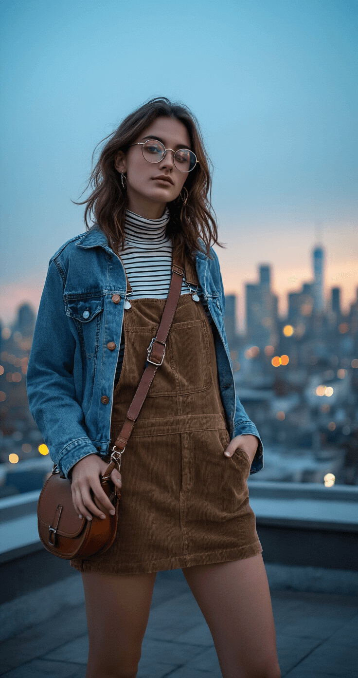 The Ultimate Guide to Creating Show-Stopping Indie Outfits (That Actually Work!) A model dressed in an earth-tone corduroy overall dress layered over a striped turtleneck and vintage denim jacket stands on an urban rooftop at dusk, with twinkling city lights in the background. She accessorizes with a leather crossbody bag, mixed metal jewelry, and round wire-frame glasses, portrayed from a slightly below angle that highlights the skyline, embodying indie street style amid cool evening tones and subtle artificial lighting.