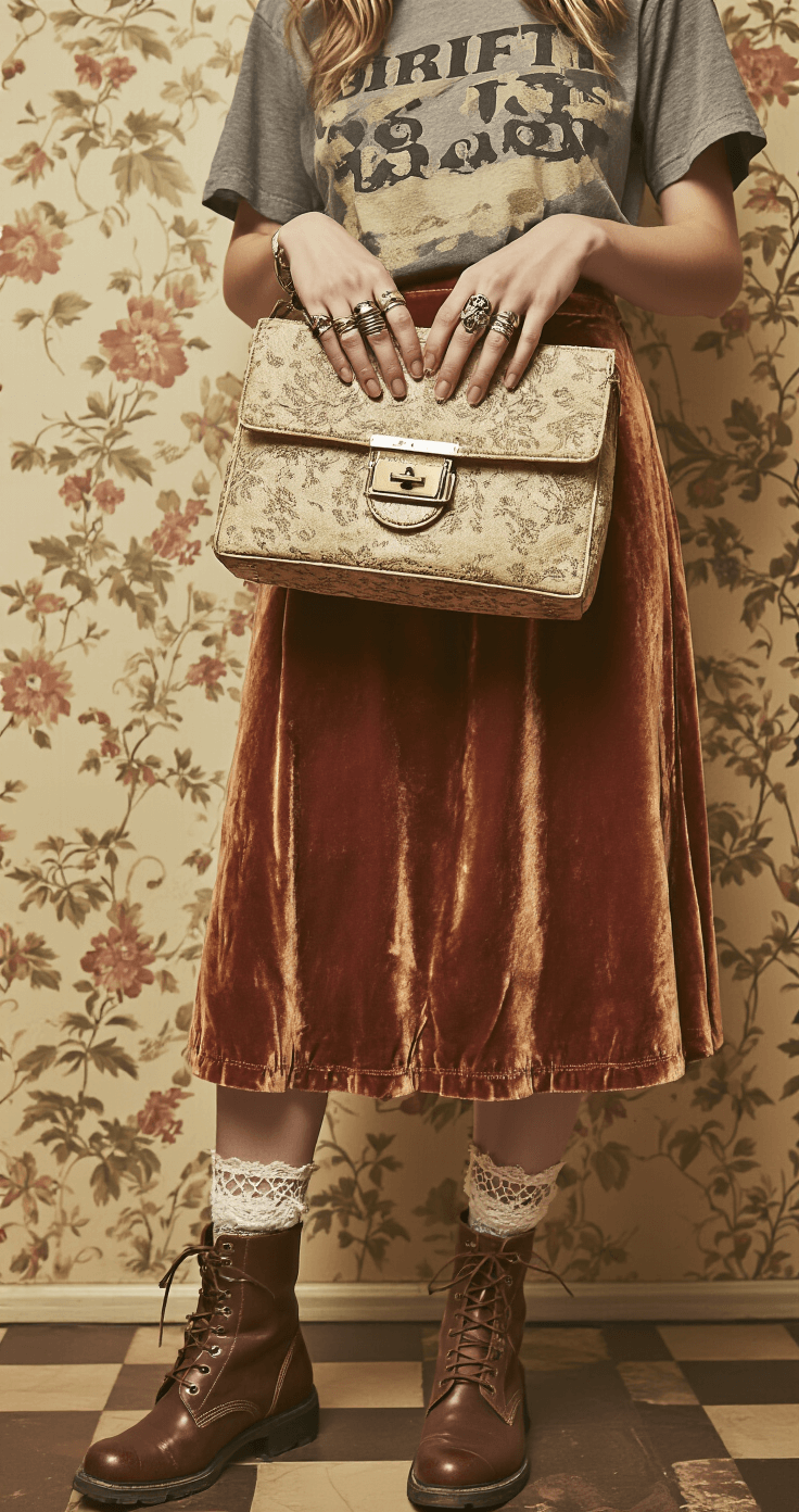 The Ultimate Guide to Creating Show-Stopping Indie Outfits (That Actually Work!) Close-up of a vintage-inspired outfit in a thrift store dressing room: a velvet midi skirt, distressed band tee, lace-trimmed socks above worn leather boots, and multiple rings. A vintage handbag is held in one hand, with warm lighting highlighting the textures and details.