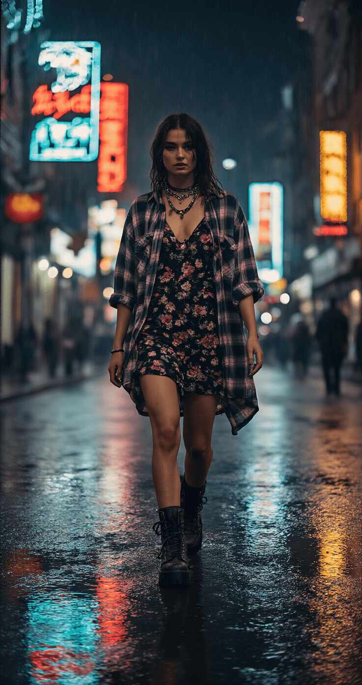 The Ultimate Guide to Creating Show-Stopping Indie Outfits (That Actually Work!) A model walking candidly down a rain-slicked city street at night, wearing an oversized flannel shirt tied at the waist over a vintage floral dress, chunky combat boots, and beaded choker necklaces, with neon signs reflecting in puddles around her, captured with slight motion blur in a moody urban grunge aesthetic.