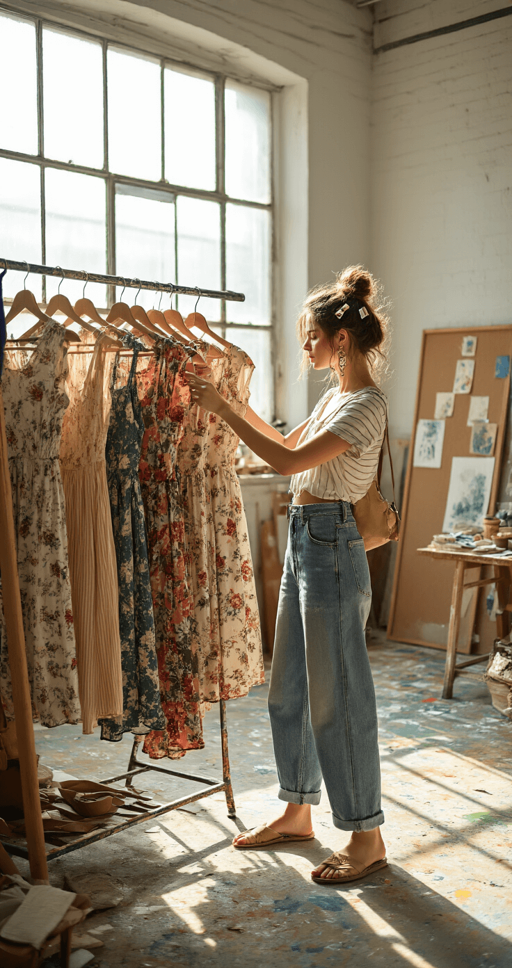 The Ultimate Guide to Creating Show-Stopping Indie Outfits (That Actually Work!) A sunlit artist's loft with a paint-splattered floor and scattered inspiration boards, featuring a model in baggy vintage Levi's and a cropped band tee, arranging a clothes rack of floral midi dresses, striped tops, and earth-tone knits while surrounded by natural light streaming through industrial windows.