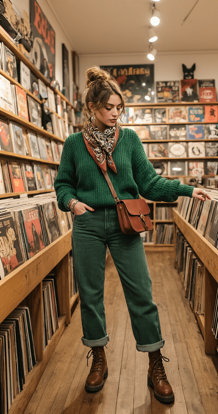 The Ultimate Guide to Creating Show-Stopping Indie Outfits (That Actually Work!) A stylish individual browsing vinyl records in an indie record store, dressed in a forest green oversized knit sweater, high-waisted corduroys, and chunky boots. Their hair is in a messy bun adorned with a printed scarf, and they carry a vintage leather crossbody bag. The interior features vinyl-lined walls and atmospheric lighting with spotlights, reflecting an authentic indie culture moment.