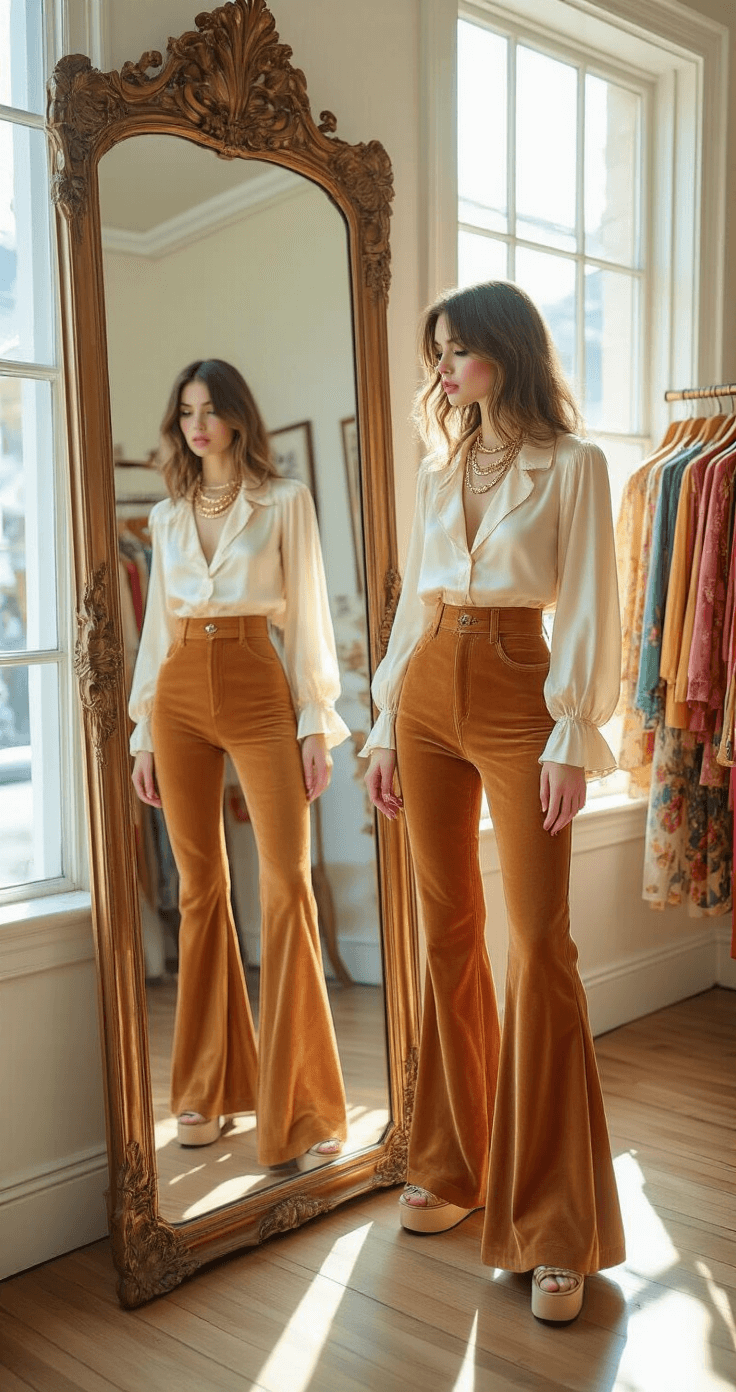 Rock Your Retro: A Real Girl's Guide to Vintage-Inspired Fashion A model in high-waisted caramel suede bell bottoms and a cream silk blouse with an oversized collar admires her reflection in an ornate full-length mirror, surrounded by colorful vintage clothing racks in a bright, airy boutique. Platform shoes and layered gold necklaces complete her 70s-inspired outfit. Natural light streams in through large windows.