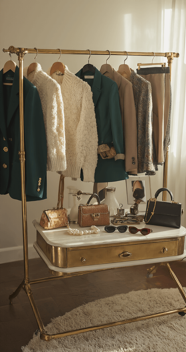 Rock Your Retro: A Real Girl's Guide to Vintage-Inspired Fashion Cozy bedroom with mid-morning light featuring a person arranging a mix of vintage and modern clothing on a brass rack, including blazers and pearl-detailed sweaters, with a vintage vanity displaying cat-eye sunglasses and handbags in the background.