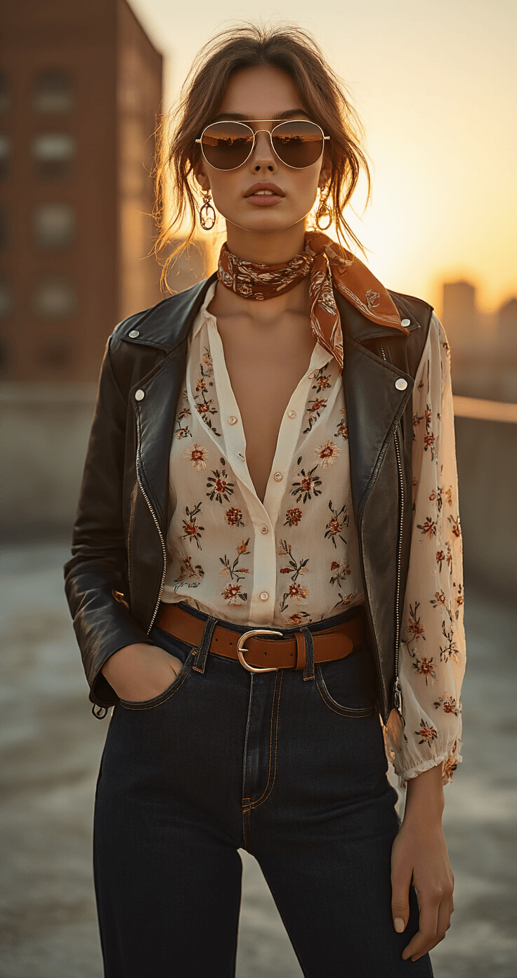 Rock Your Retro: A Real Girl's Guide to Vintage-Inspired Fashion A model in high-waisted dark denim jeans and a vintage floral blouse stands on an industrial-chic rooftop at sunset, with a statement belt and retro accessories including a silk headscarf and oversized sunglasses. A modern leather jacket drapes over her shoulders, while golden light creates a halo effect, captured from street level.