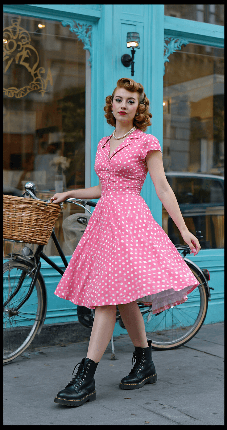 Rock Your Retro: A Real Girl's Guide to Vintage-Inspired Fashion A retro café exterior during the blue hour, featuring a model in a pink and white polka dot 50s-style dress paired with modern leather combat boots. Her hair is styled in pin curls, complemented by a pearl necklace and cat-eye frames. A vintage bicycle with a wicker basket leans against the café, captured from across the street for environmental context.