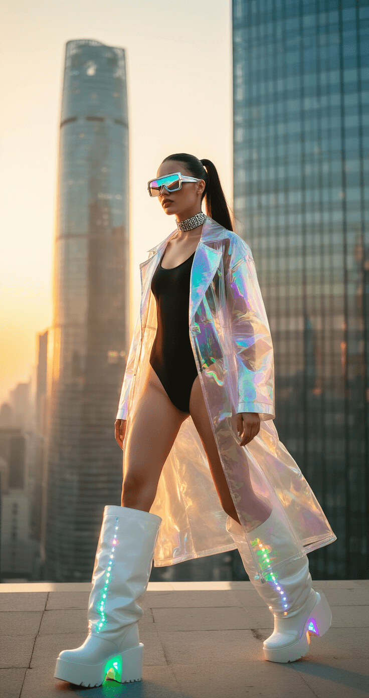 Futuristic Fashion: Sci-Fi Style That Slays Model in a black matte bodysuit and transparent iridescent overcoat striding confidently on a rooftop during golden hour, surrounded by gleaming glass skyscrapers. Wearing chunky white platform boots with LED soles, visor sunglasses, and a chrome choker, with sleek high ponytail featuring metallic wrapped sections; captured in a wide-angle lens highlighting urban futurism.