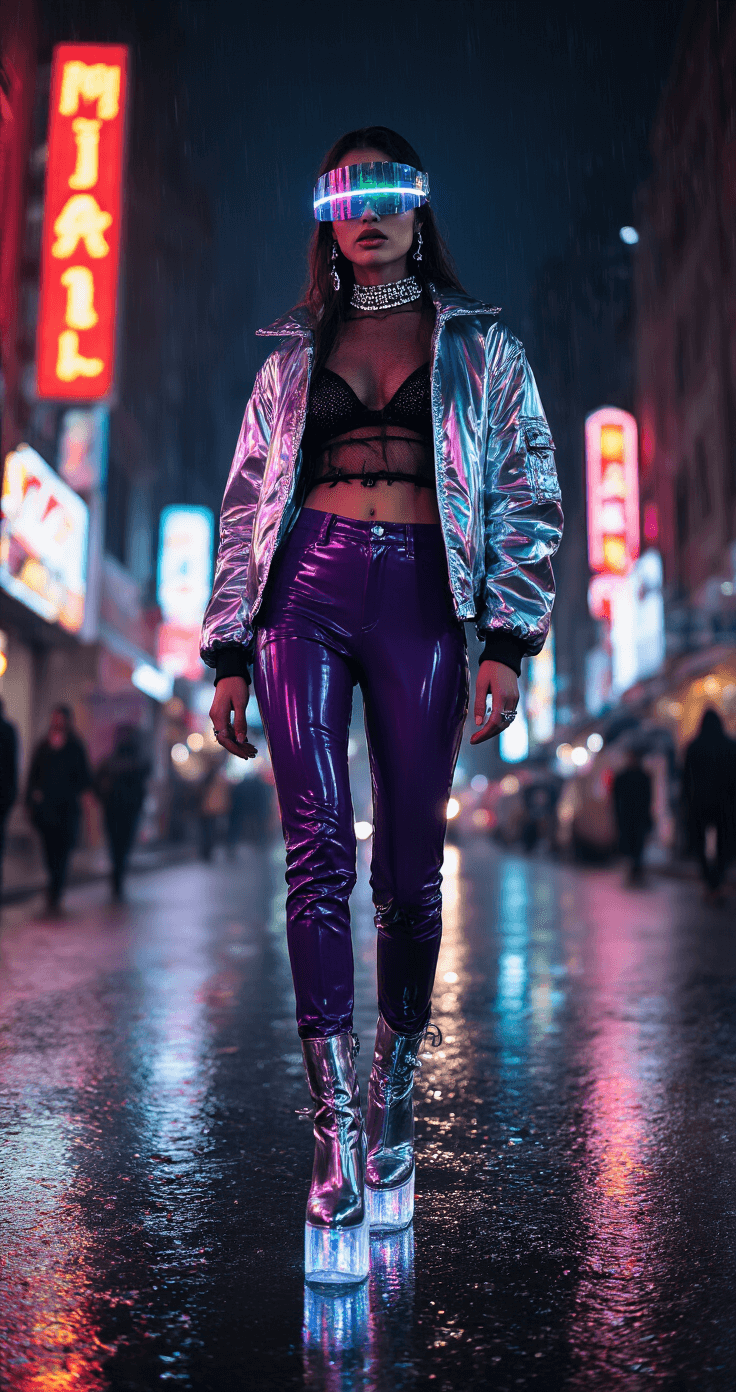 Futuristic Fashion: Sci-Fi Style That Slays A nighttime street scene featuring rain-slicked pavement that reflects vibrant neon signs. The model is dressed in deep purple latex pants, an oversized chrome bomber jacket, and a black mesh top with LED trim. She wears metallic face jewelry and a holographic visor, while her platform boots with clear heels showcase floating glitter. The image is captured with a slow shutter speed, creating dynamic light trails.