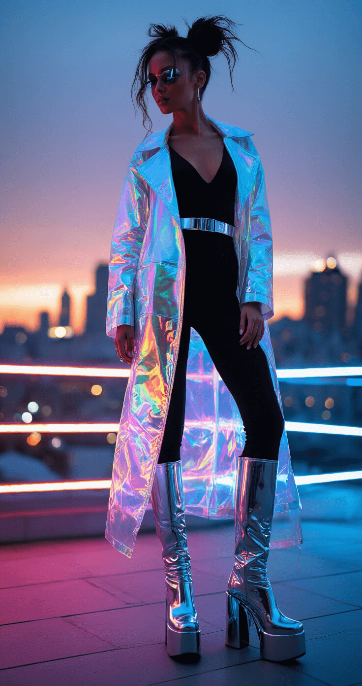 Futuristic Fashion: Sci-Fi Style That Slays A model wears a black matte jumpsuit with holographic panels and a transparent iridescent coat, styled with chrome platform boots and metallic accessories, poses on an urban rooftop at sunset. The background features a bokeh effect of city lights during blue hour, while the model’s hair is styled in a sculptural updo with metallic elements.