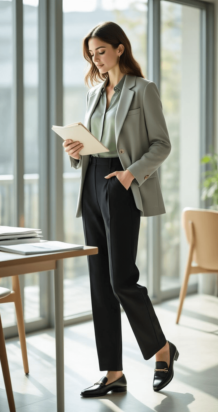 10 Teacher Outfits That Actually Impress (Without Breaking the Bank!) A teacher in high-waisted black trousers and a sage green silk blouse organizes materials in a bright staff room, illuminated by natural light from floor-to-ceiling windows, with a lightweight grey blazer draped over her shoulders and classic black leather loafers on her feet.