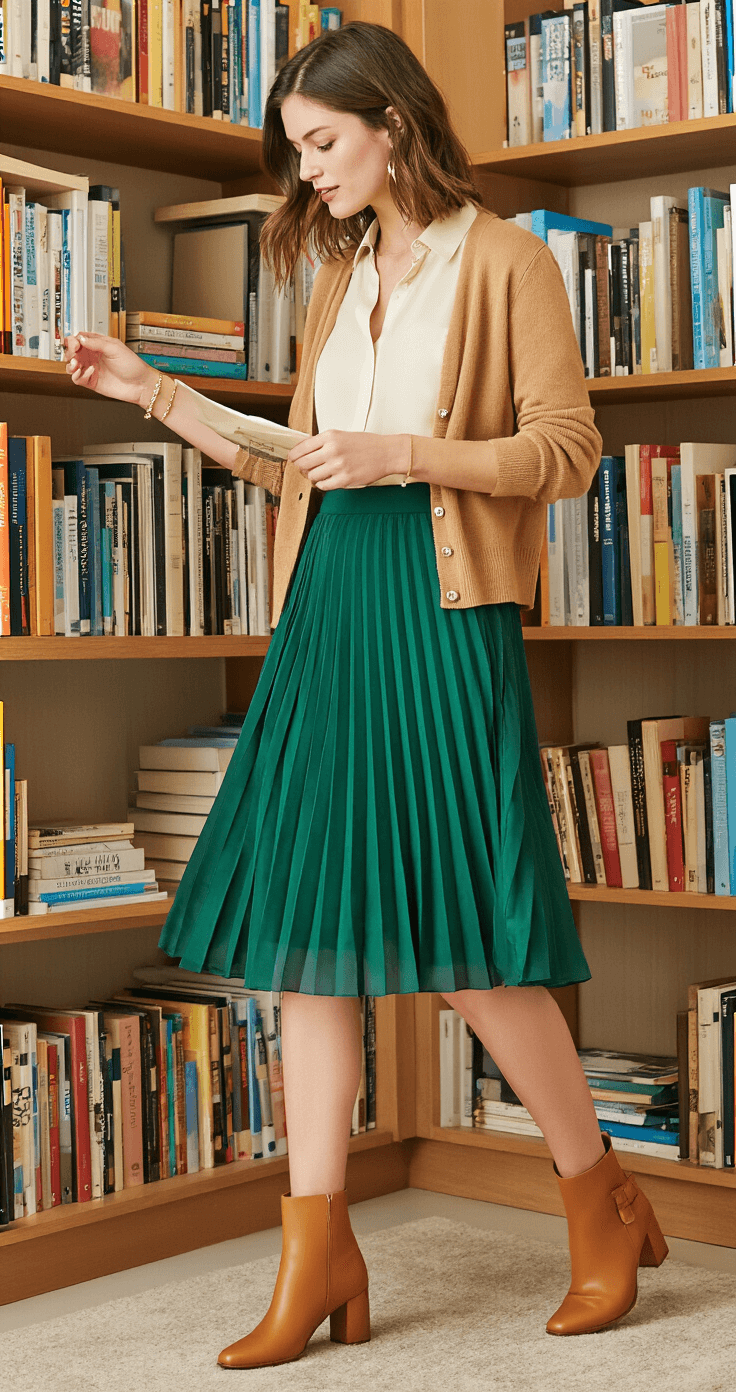10 Teacher Outfits That Actually Impress (Without Breaking the Bank!) A teacher in an emerald green knee-length A-line skirt and cream silk blouse, wearing a camel cardigan and tan leather block-heel ankle boots, arranges books in a sunlit classroom library corner, showcasing her delicate gold bracelet stack.