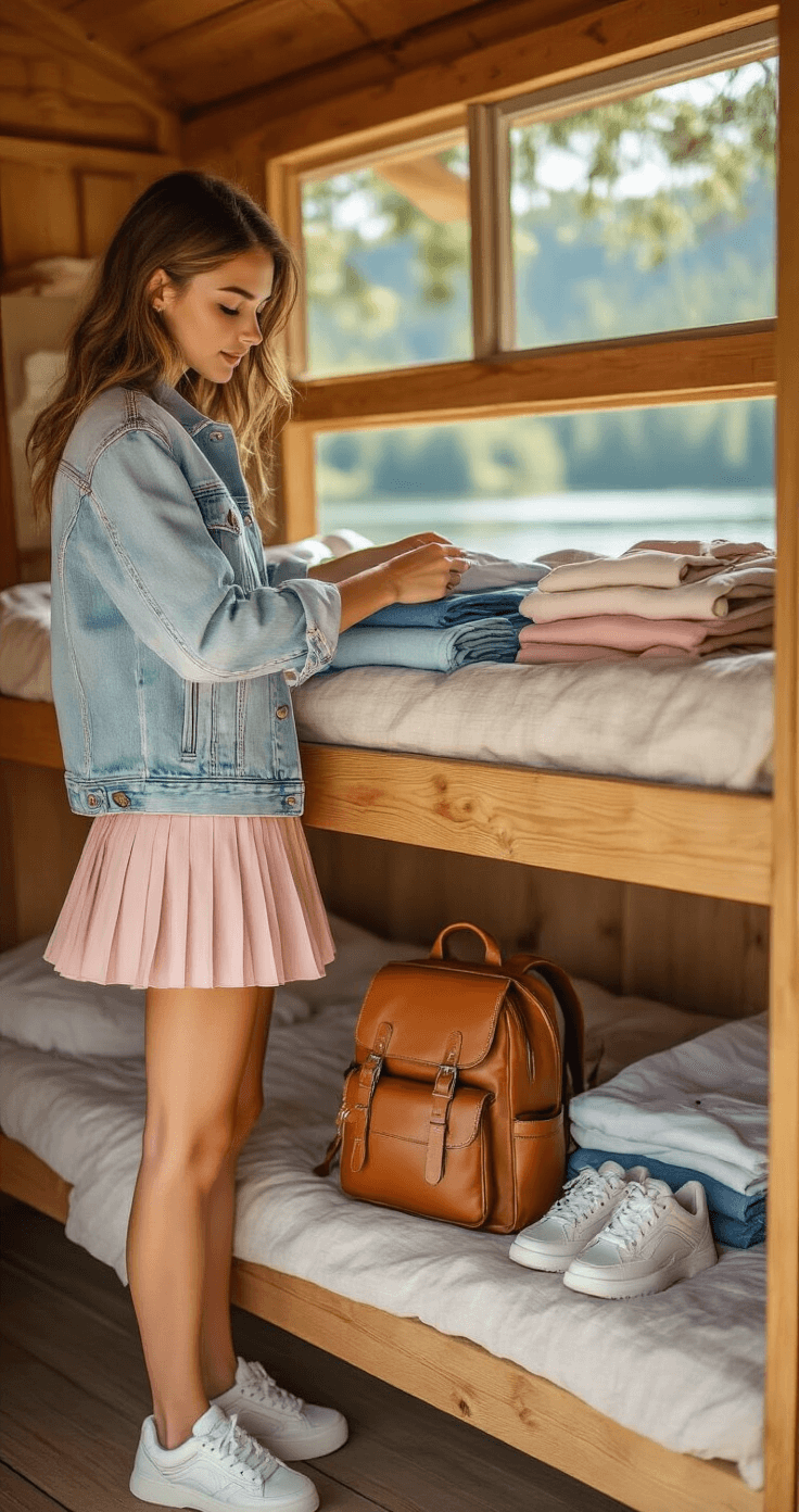 SUMMER CAMP FASHION: HOW TO DRESS TO IMPRESS (While Keeping it Real) Young woman organizing her camp wardrobe on wooden bunk bed rails, showcasing a light wash denim jacket, pastel pink pleated skirt layered over shorts, and neatly folded neutral cotton tees. A vintage-style leather backpack and white chunky Fila sneakers are placed below, with natural sunlight illuminating the scene through cabin windows.