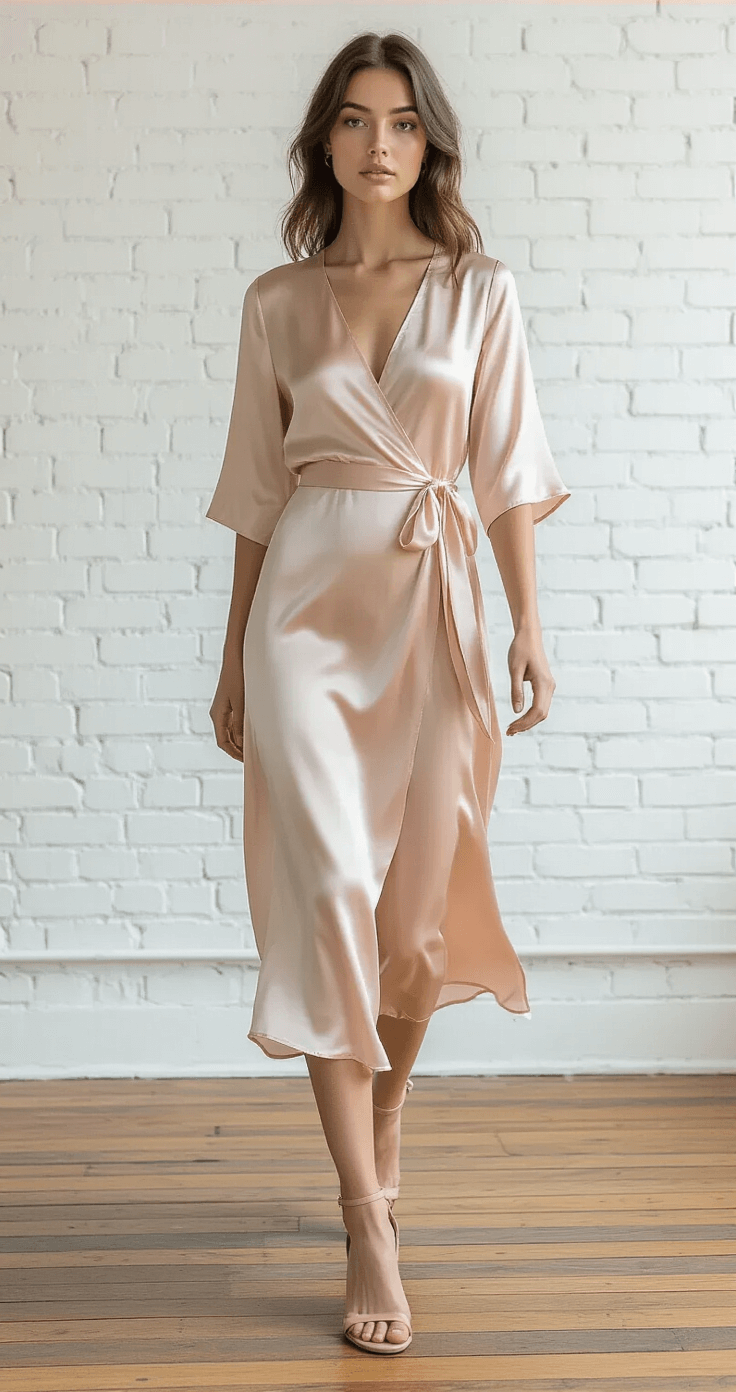 The Ultimate Guide to Picking the Perfect Gender Reveal Dress (From a Mom Who's Been There!) Model in a blush pink silk wrap dress with metallic threading walks through a clean, minimalist studio featuring white brick walls and wooden floors, styled with rose gold accessories and nude strappy sandals, captured with soft shadows from professional lighting.