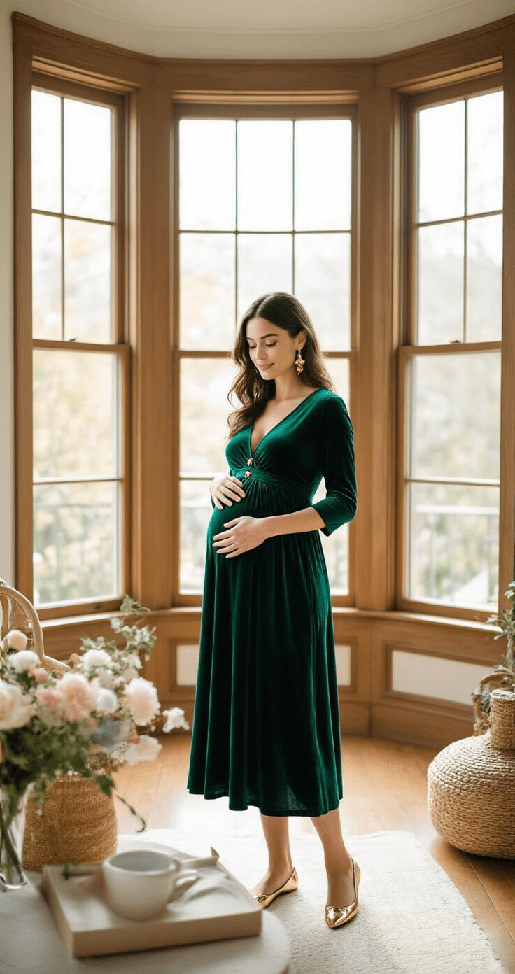 The Ultimate Guide to Picking the Perfect Gender Reveal Dress (From a Mom Who's Been There!) A pregnant woman in a deep emerald green velvet maternity dress with gold button details arranges gender reveal decorations in a cozy living room with large bay windows filtering warm afternoon light. She wears gold leaf earrings and metallic flats.