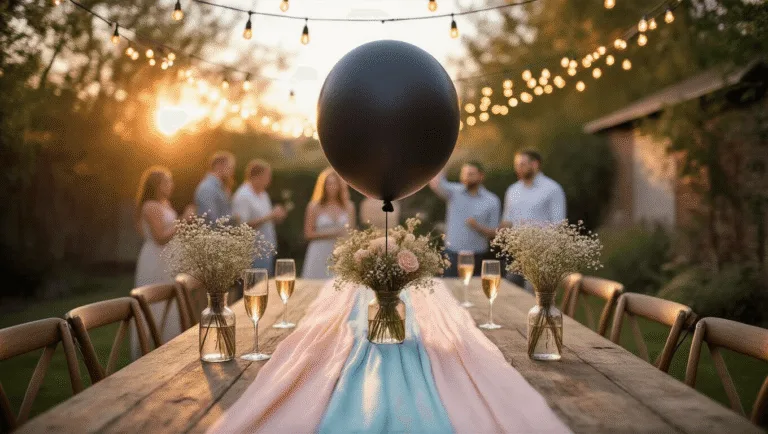 Unforgettable Gender Reveal Ideas: Creative Ways to Share Your Baby's Big Secret! A beautifully arranged backyard gender reveal party at sunset, featuring a rustic farmhouse table with an ombre table runner, an oversized black balloon, vintage glass bottles with flowers, and sparklers held by guests, all illuminated by fairy lights and golden sunlight.