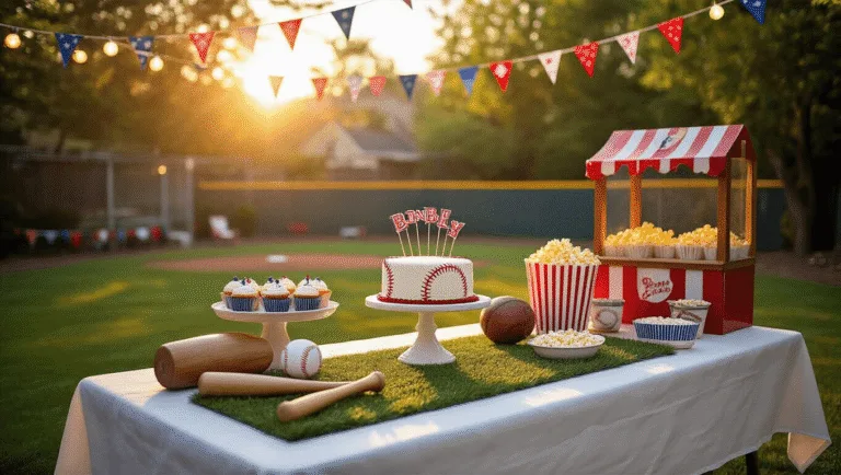 Home Run Celebrations: The Ultimate Guide to a Stunning Baseball Birthday Party A whimsical baseball-themed birthday party in a sun-drenched backyard, featuring a tablescape with vintage baseball equipment, decorative elements in red, white, and blue, string lights overhead, and a dessert table with a themed cake and cupcakes, all set during golden hour.