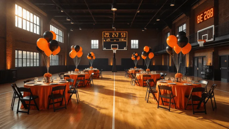 Slam Dunk Birthday Bash: The Ultimate Basketball Party Guide Hyperrealistic image of an elegantly transformed indoor basketball court for a birthday party, featuring warm lighting, luxurious table settings, custom LED backdrop, and a dessert station with a tiered cake.