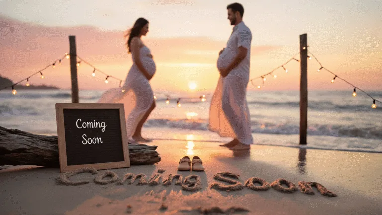 Beach Pregnancy Announcements: A Dreamy Way to Share Your Joyful News Expecting couple silhouetted against a golden sunset on the beach, with the woman in a flowing white maxi dress, tiny baby shoes on driftwood, "Coming Soon" written in wet sand, and vintage letterboard displaying due date amidst soft lighting and gentle waves.