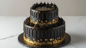 Ultimate Birthday Cake for Him: A Delicious Celebration Masterpiece A luxurious two-tier black and gold birthday cake with a perfect mirror finish, featuring dark chocolate ganache drips and gold leaf accents, displayed on a matte black stand against a deep charcoal background, captured in dramatic overhead lighting.