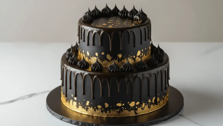 Ultimate Birthday Cake for Him: A Delicious Celebration Masterpiece A luxurious two-tier black and gold birthday cake with a perfect mirror finish, featuring dark chocolate ganache drips and gold leaf accents, displayed on a matte black stand against a deep charcoal background, captured in dramatic overhead lighting.
