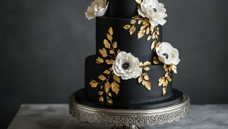 Black Wedding Cake: The Ultimate Showstopping Culinary Masterpiece A three-tiered black wedding cake with metallic gold accents and white sugar flowers, elegantly displayed on a silver stand against a charcoal grey backdrop, captured in dramatic lighting that highlights its textures and details.
