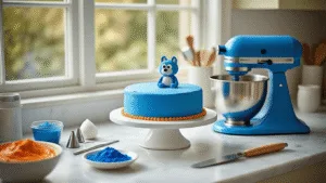 BLUEY BIRTHDAY CAKE: THE ULTIMATE CHARACTER CELEBRATION CAKE A photorealistic kitchen scene showcasing a vibrant blue round birthday cake on a rotating stand, surrounded by baking tools and ingredients, with soft natural light highlighting the texture of the cake and decorations.